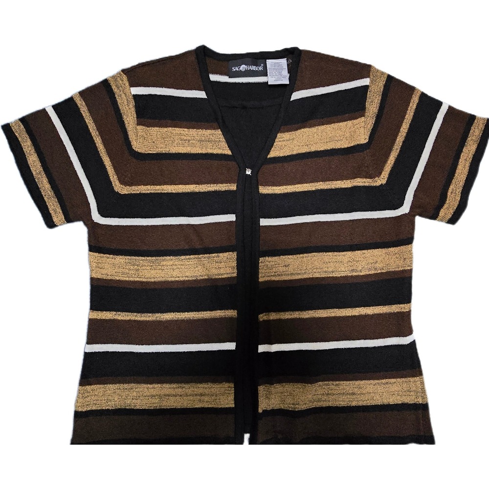 Sag‎ Harbor Cardigan Sweater faux undershirt Women XL Brown Striped Short Sleeve